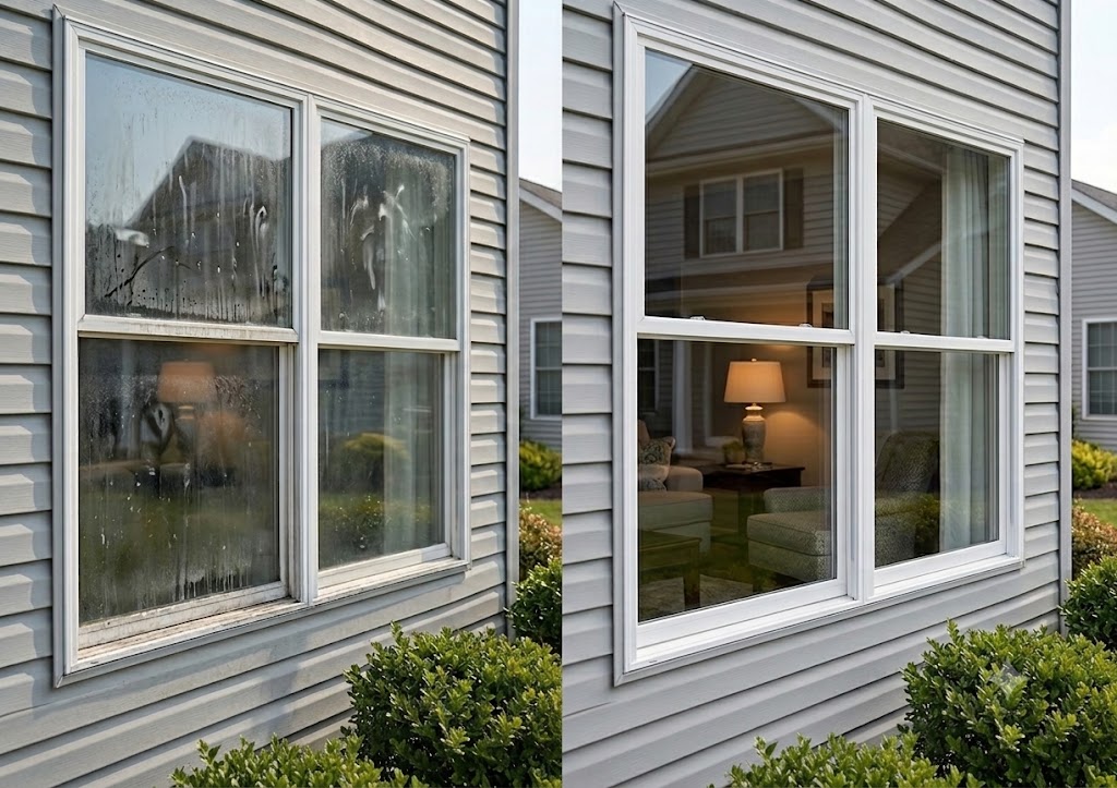 Streaky window glass beside professionally cleaned streak-free windows.