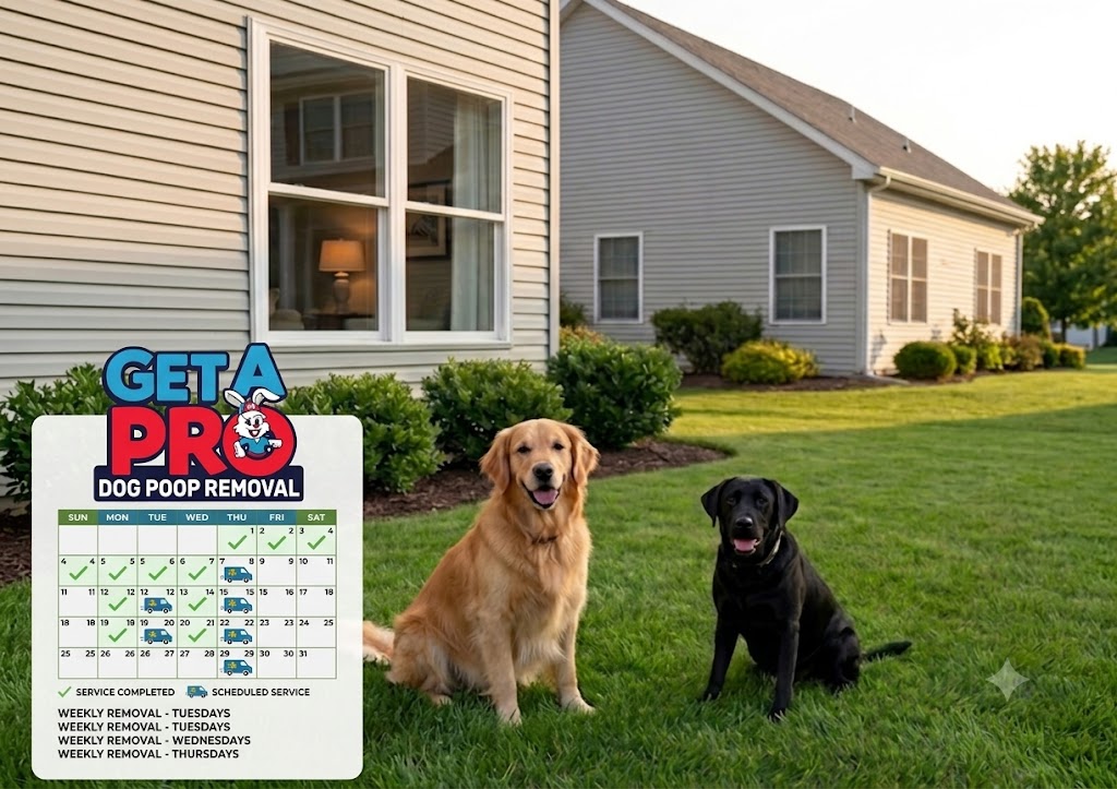 Clean backyard with dogs maintained on a regular poop scooping schedule.