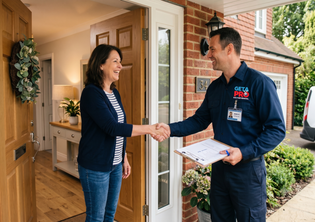"Homeowner confidently greeting a vetted, background-checked home service professional at their front door."