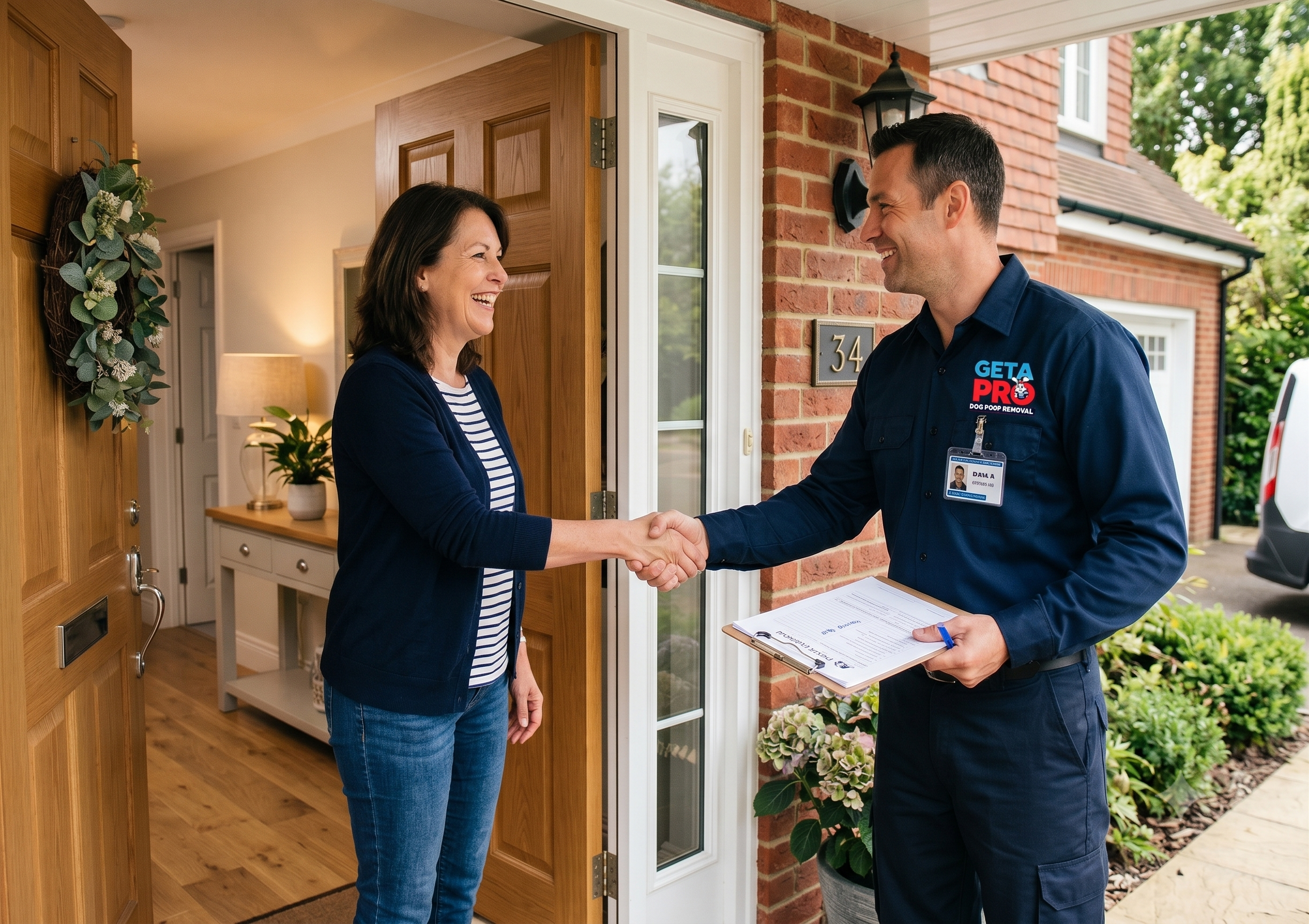 "Homeowner confidently greeting a vetted, background-checked home service professional at their front door."