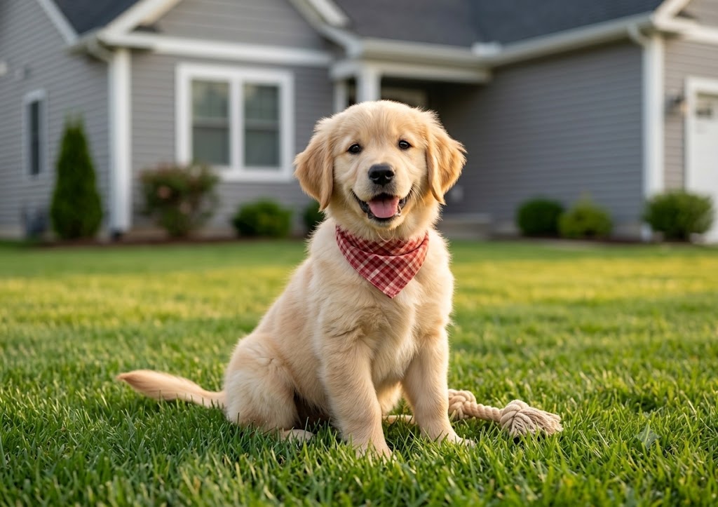 Healthy puppy playing safely on a clean, sanitized lawn.