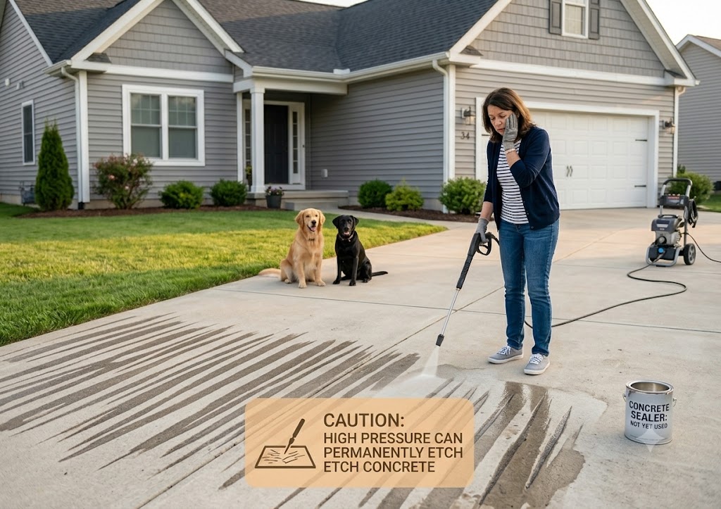DIY pressure washing mistakes that damage concrete and siding.
