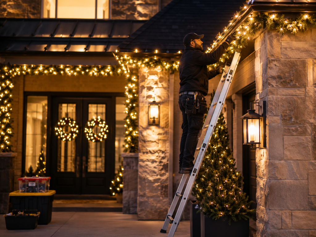 Holiday lighting technician on a ladder installing warm-white lights and garland on a home exterior