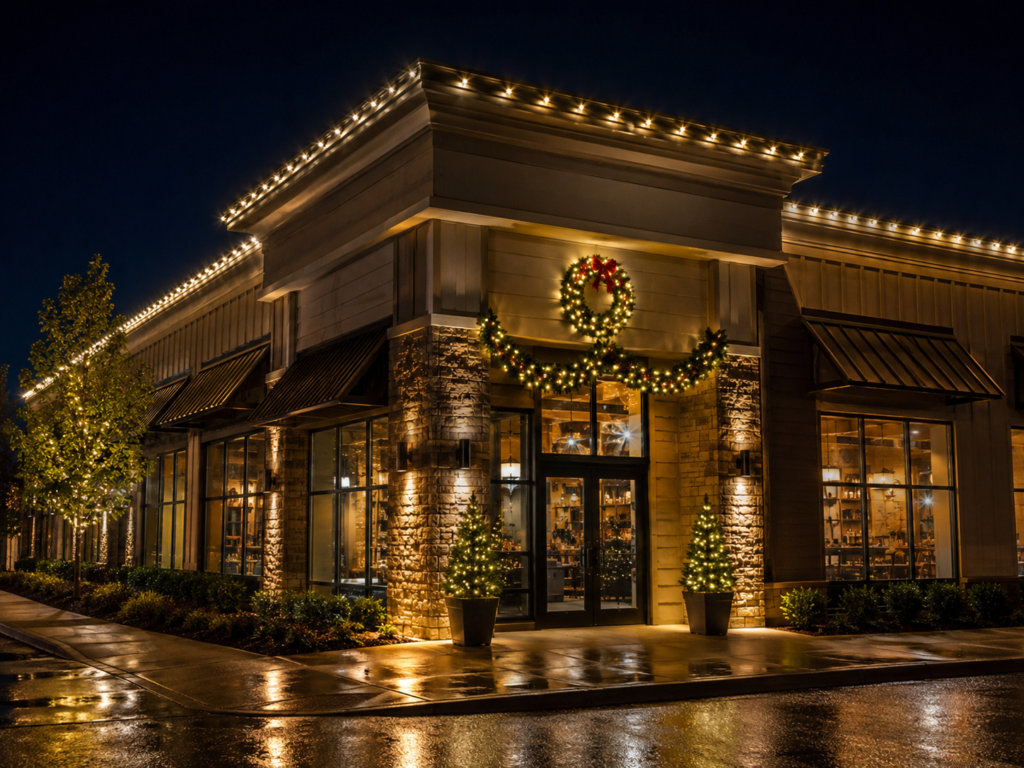 Commercial storefront entrance decorated with warm-white holiday roofline lights, wreath, garland, and lit trees
