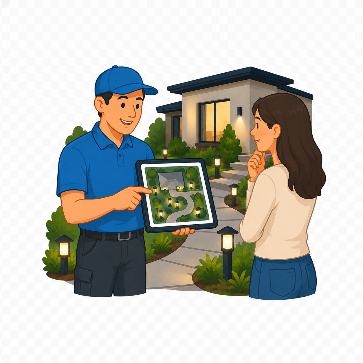 Outdoor lighting technician showing a homeowner a custom landscape lighting design on a tablet