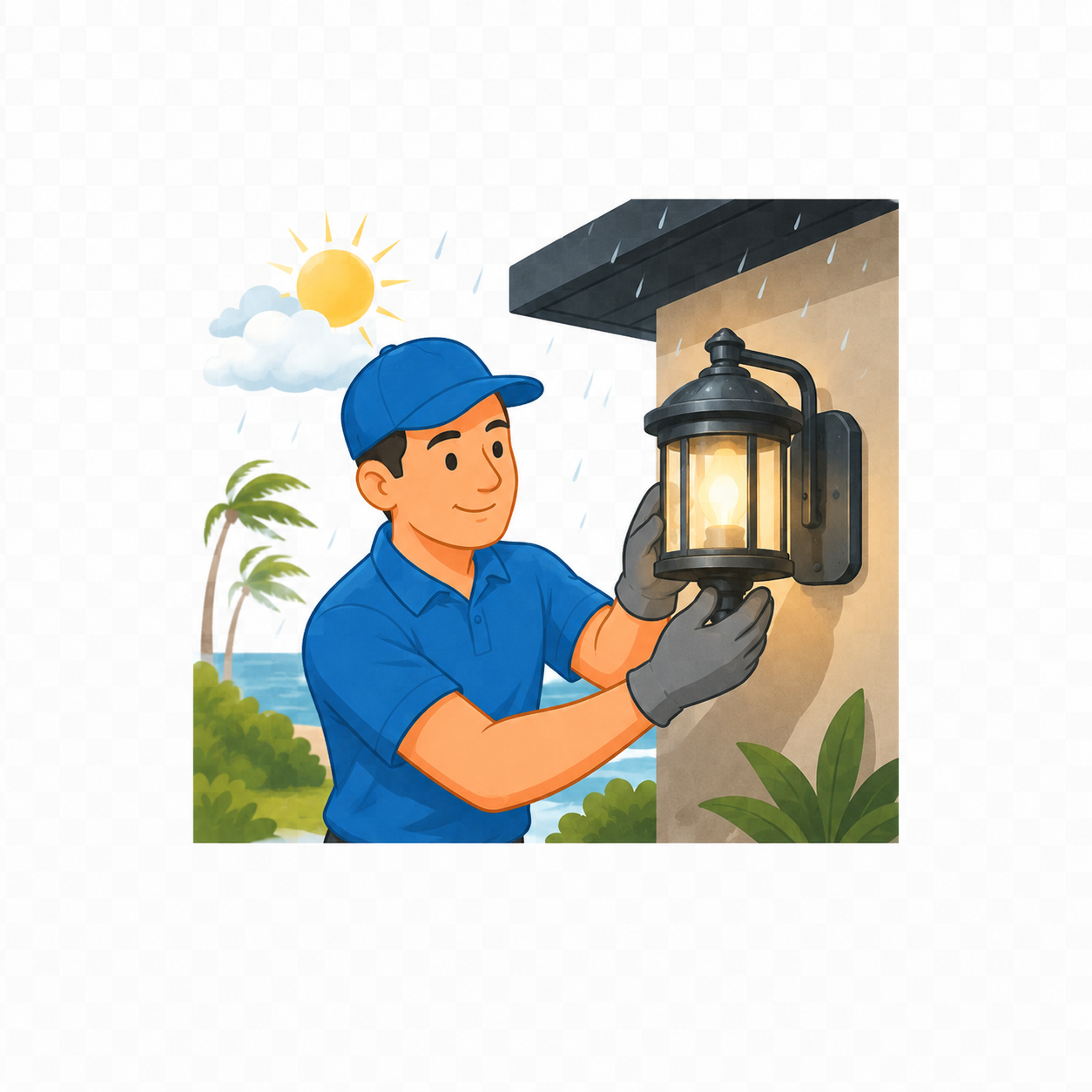 Technician installing a weather-rated outdoor wall light near a coastal home