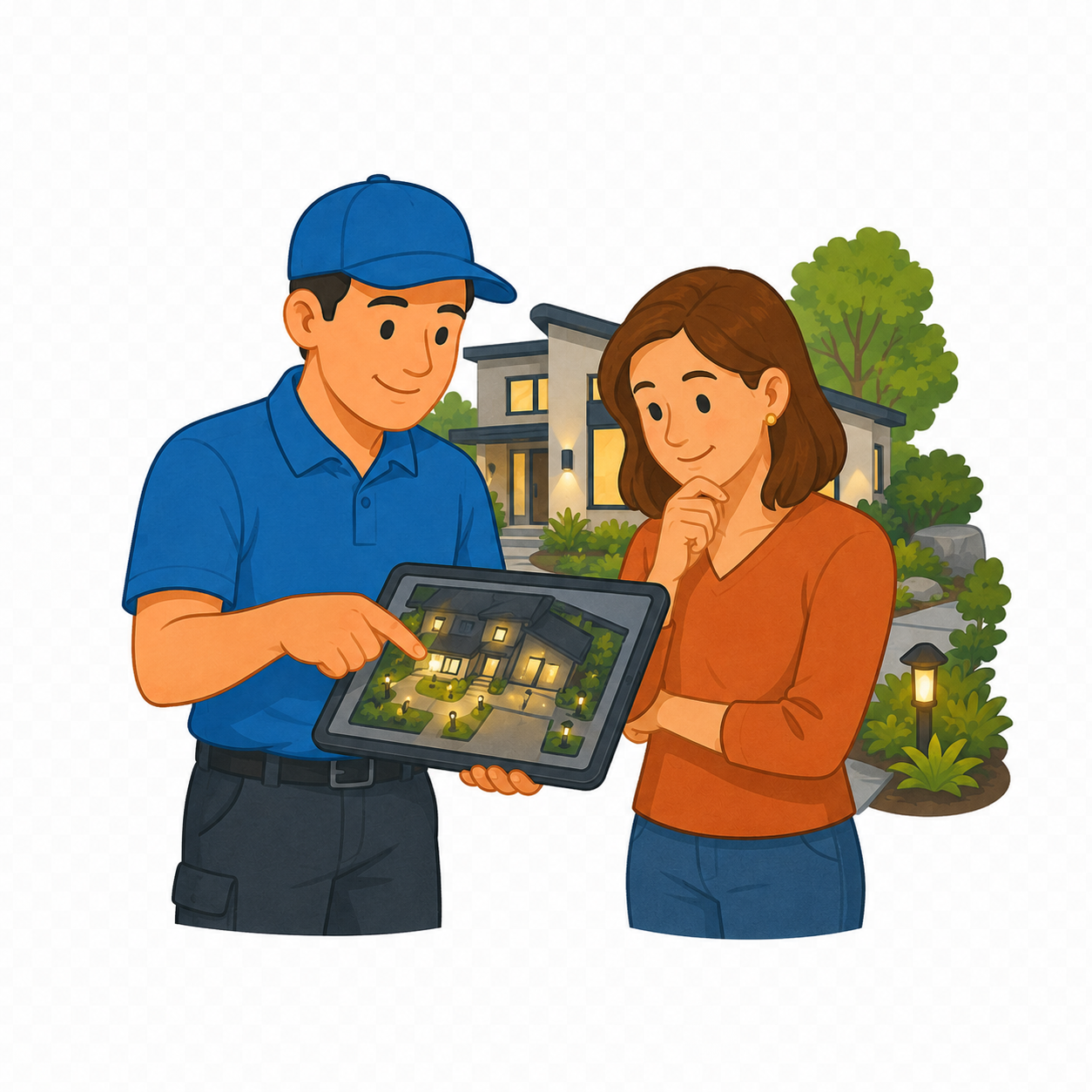 Outdoor lighting specialist reviewing a custom lighting plan with a homeowner