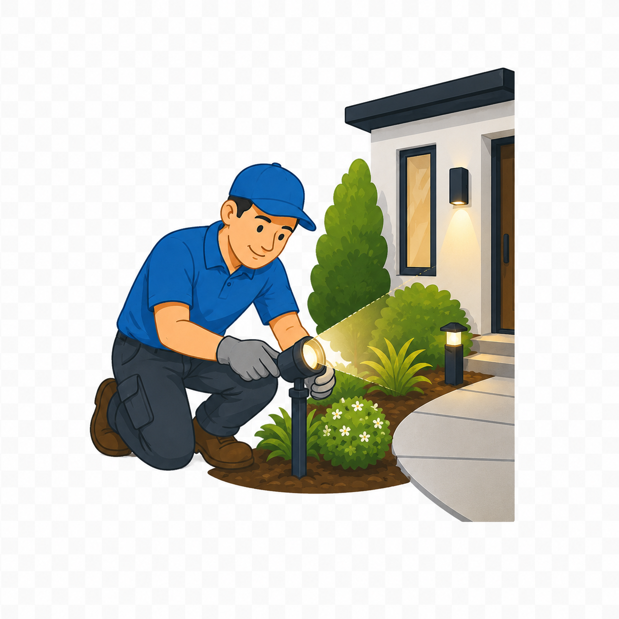 Technician adjusting a landscape path light to highlight plants and improve walkway visibility