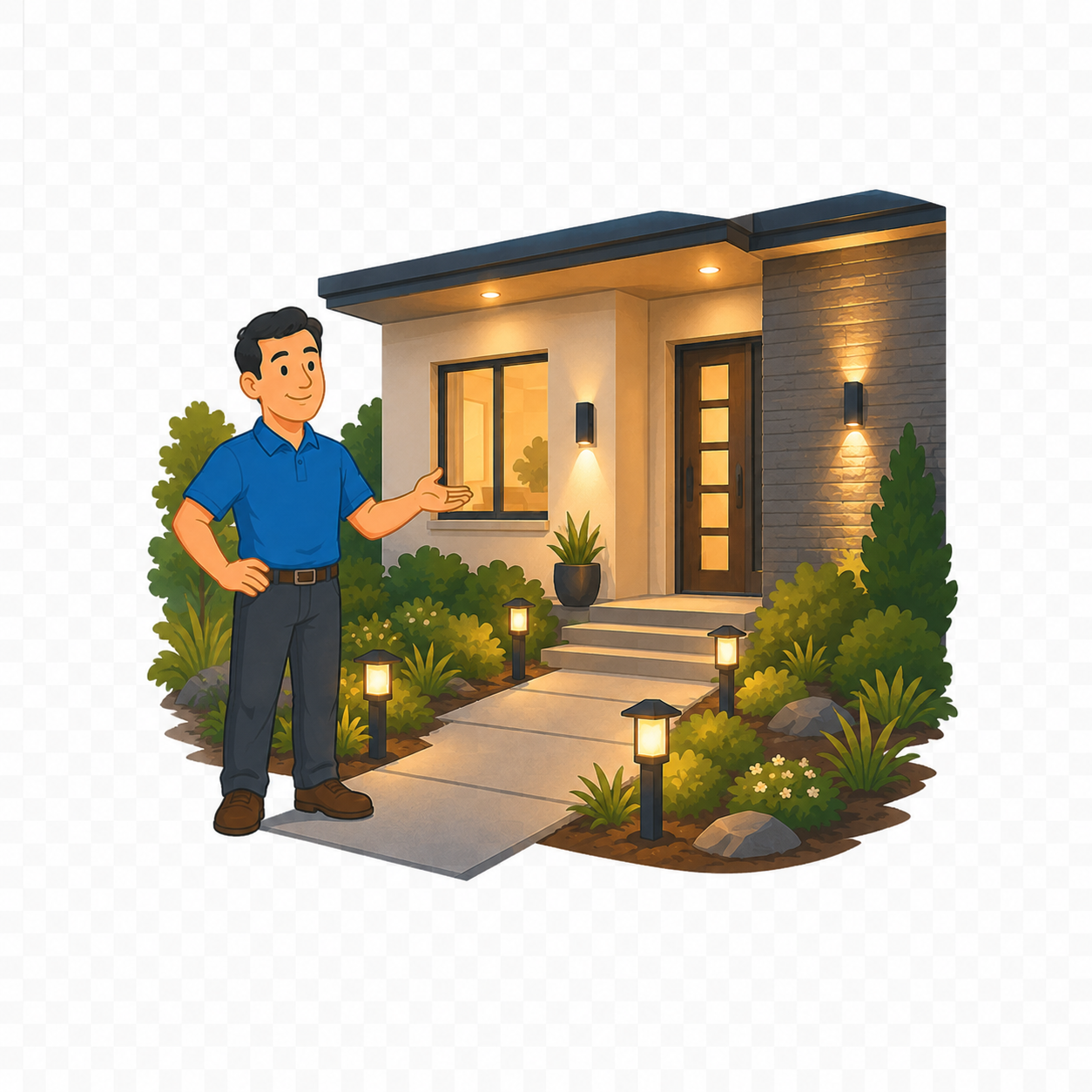 Modern home with warm outdoor lighting along the entry, walkway, and landscaping
