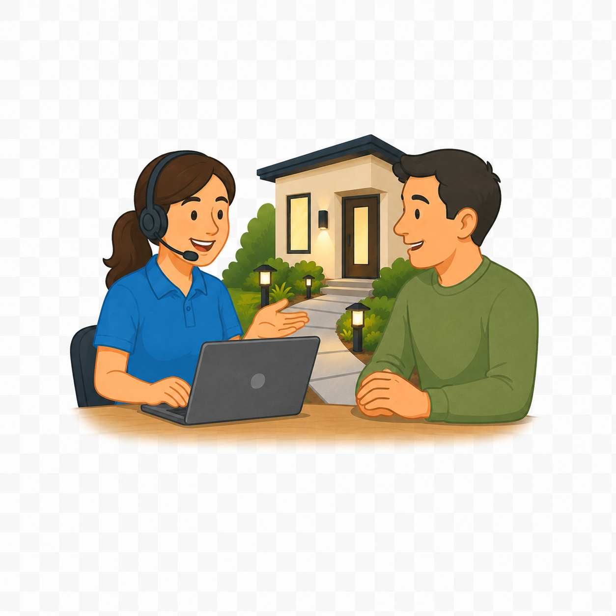 Customer support representative discussing outdoor lighting service with a homeowner