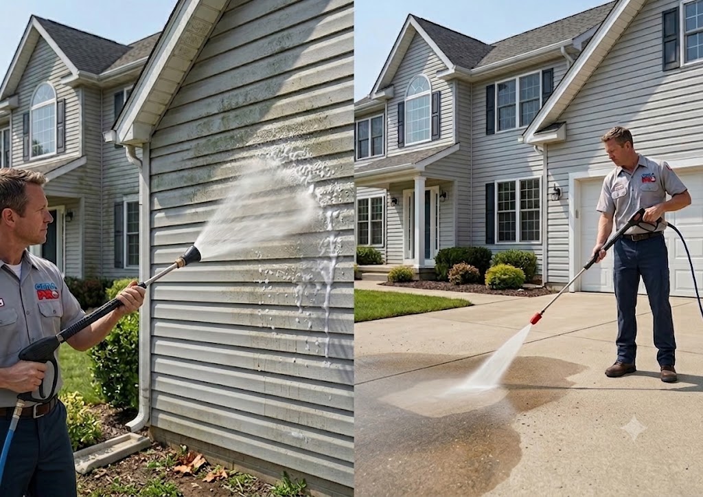 Soft washing vinyl siding versus pressure washing concrete driveway.