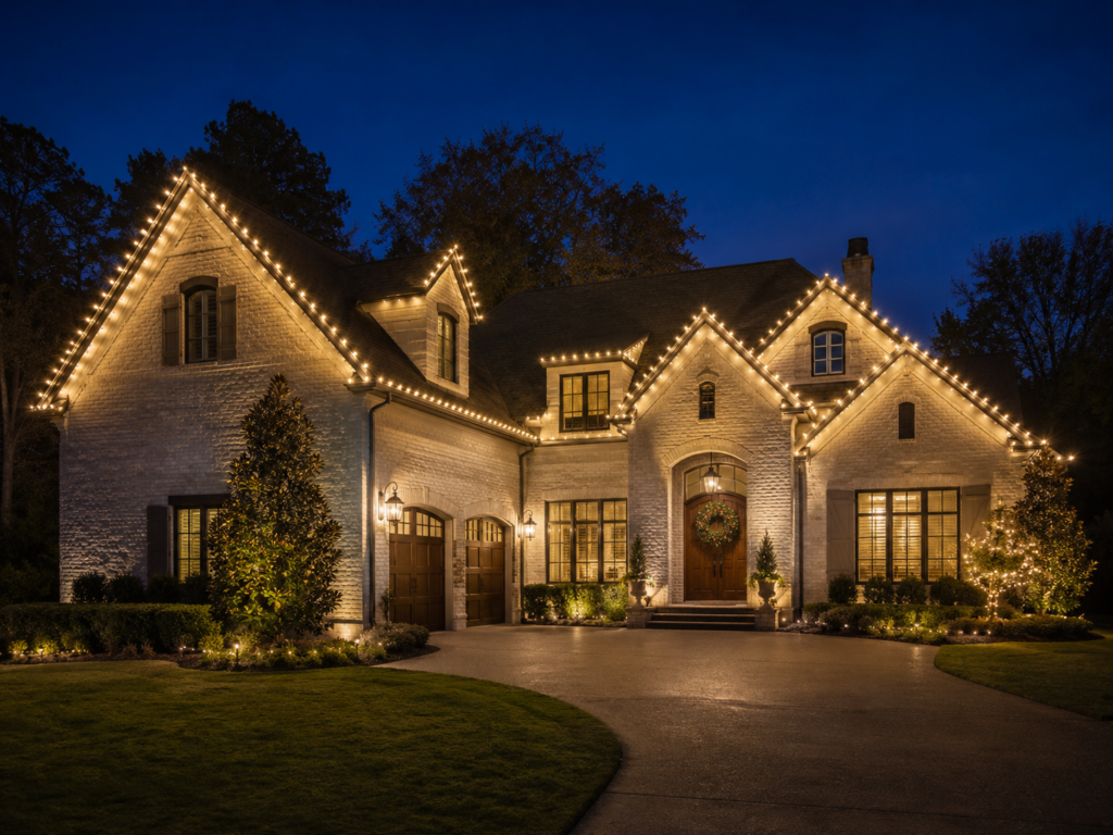 Luxury home decorated with warm-white holiday roofline lights and landscape lighting at night