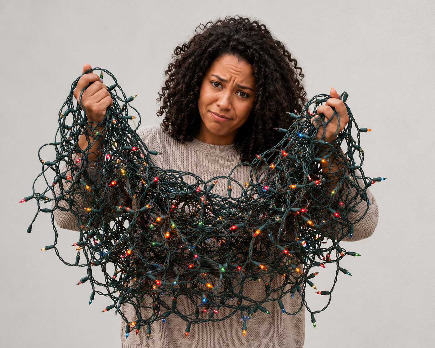 stressed woman with messy tangled lights