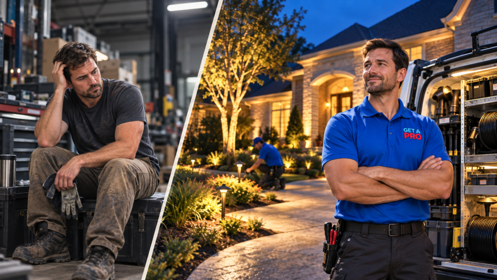 Outdoor lighting business owner with Get A PRO beside a professionally illuminated home